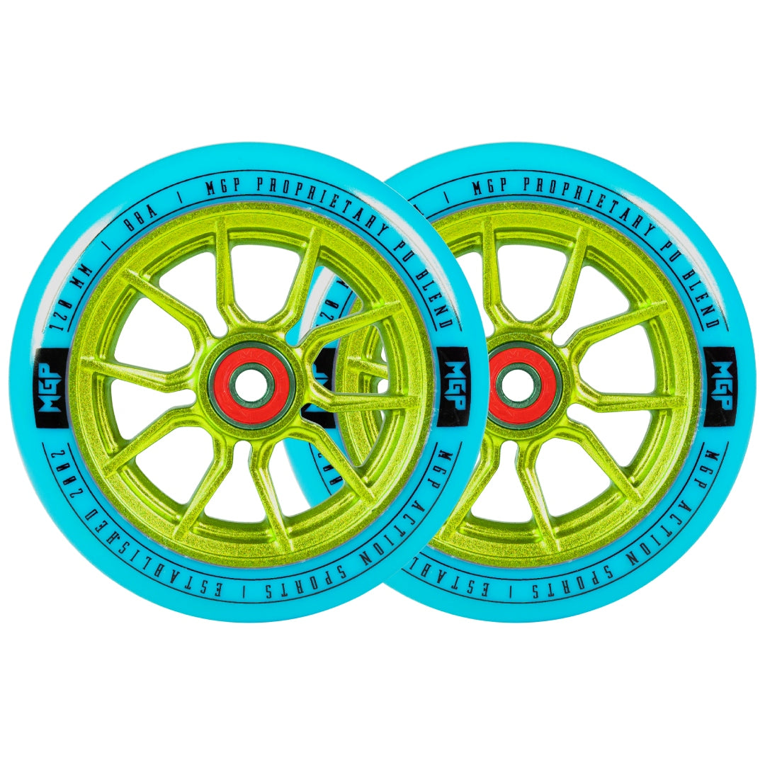 Pair of 120mm Syndicate AR wheels, neon lime spokes with teal rims and red center rings