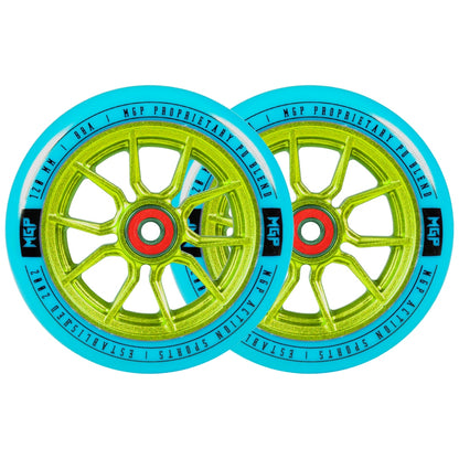 Pair of 120mm Syndicate AR wheels, neon lime spokes with teal rims and red center rings