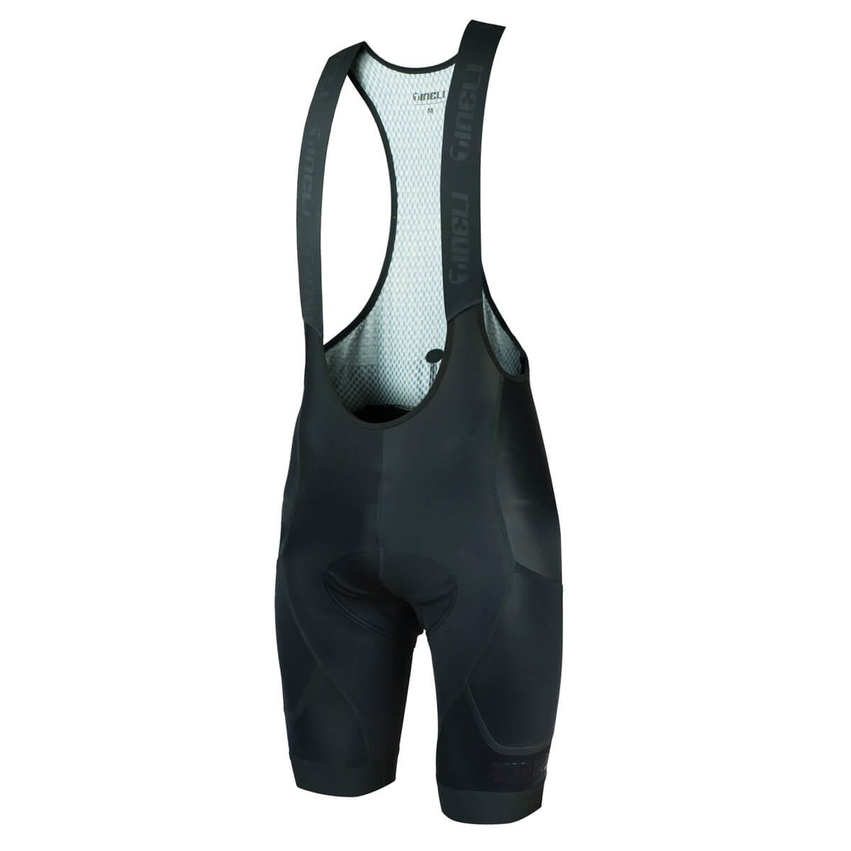 Black cargo bib shorts with mesh back panel and padded legs