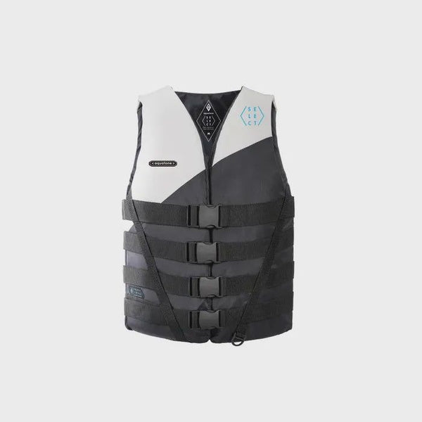 Safety vest with black and white panels, adjustable front straps and buckles