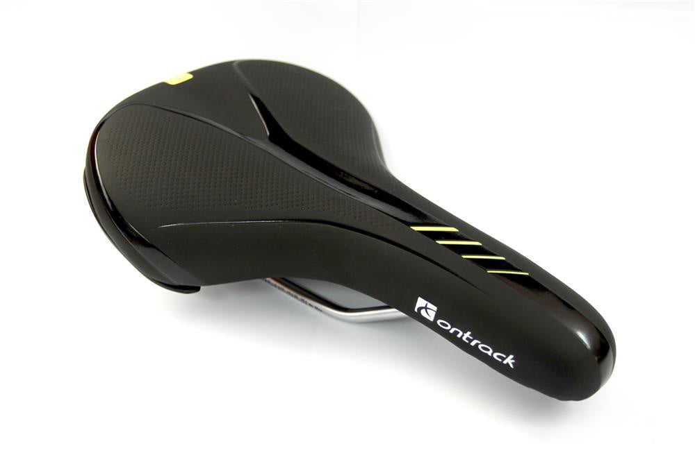Mens gel moulded bike saddle, black with fluorescent yellow stripe detail
