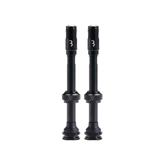 40mm black Presta valve core caps/extensions, threaded, knurled bases (pair)
