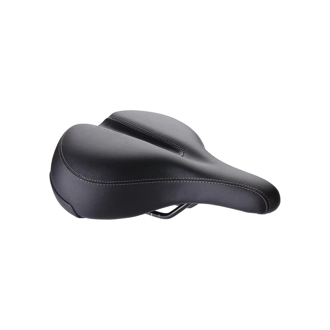 Bicycle saddle with relaxed profile, black synthetic leather finish, rounded nose