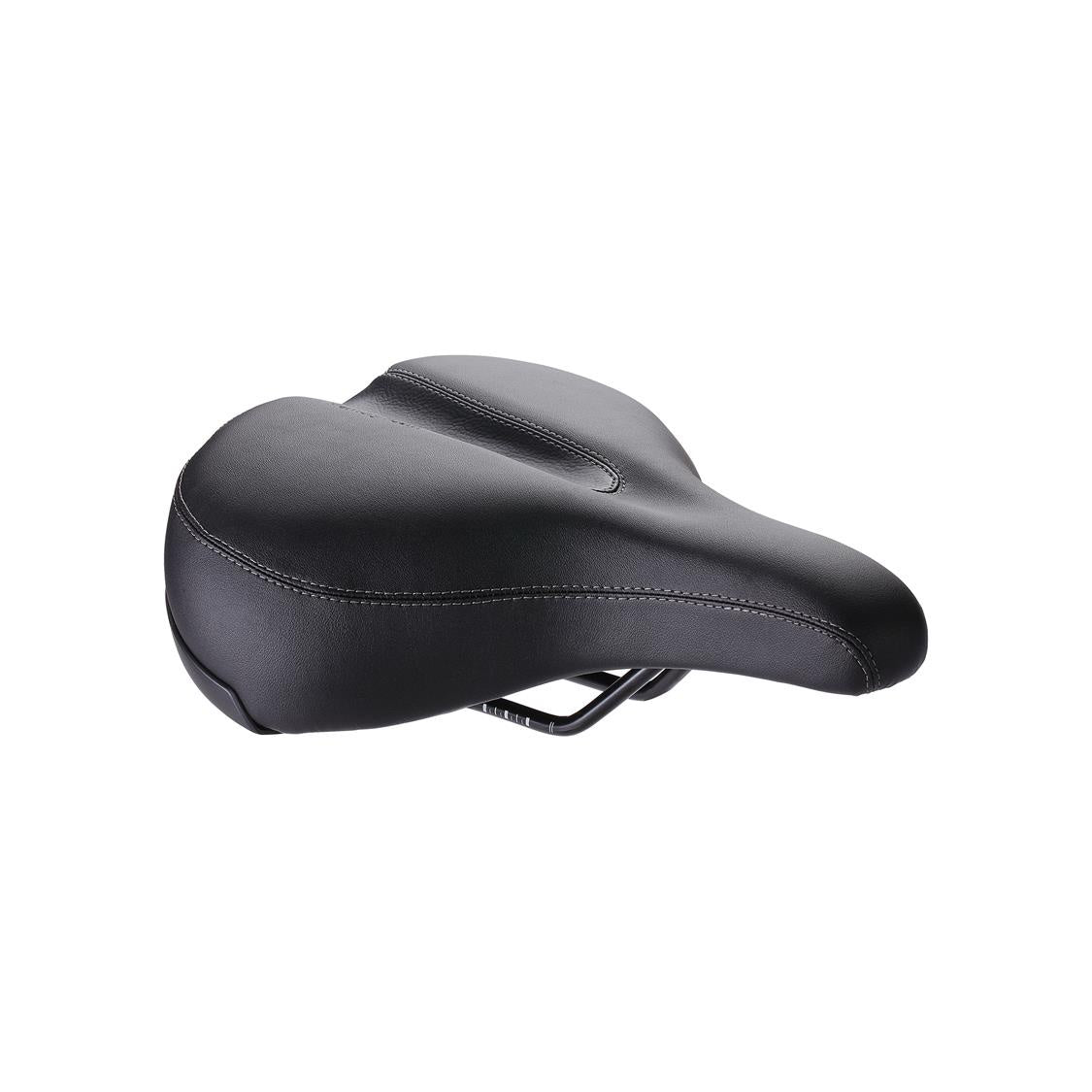 Upright bicycle saddle in black with smooth padded top and rear cutout