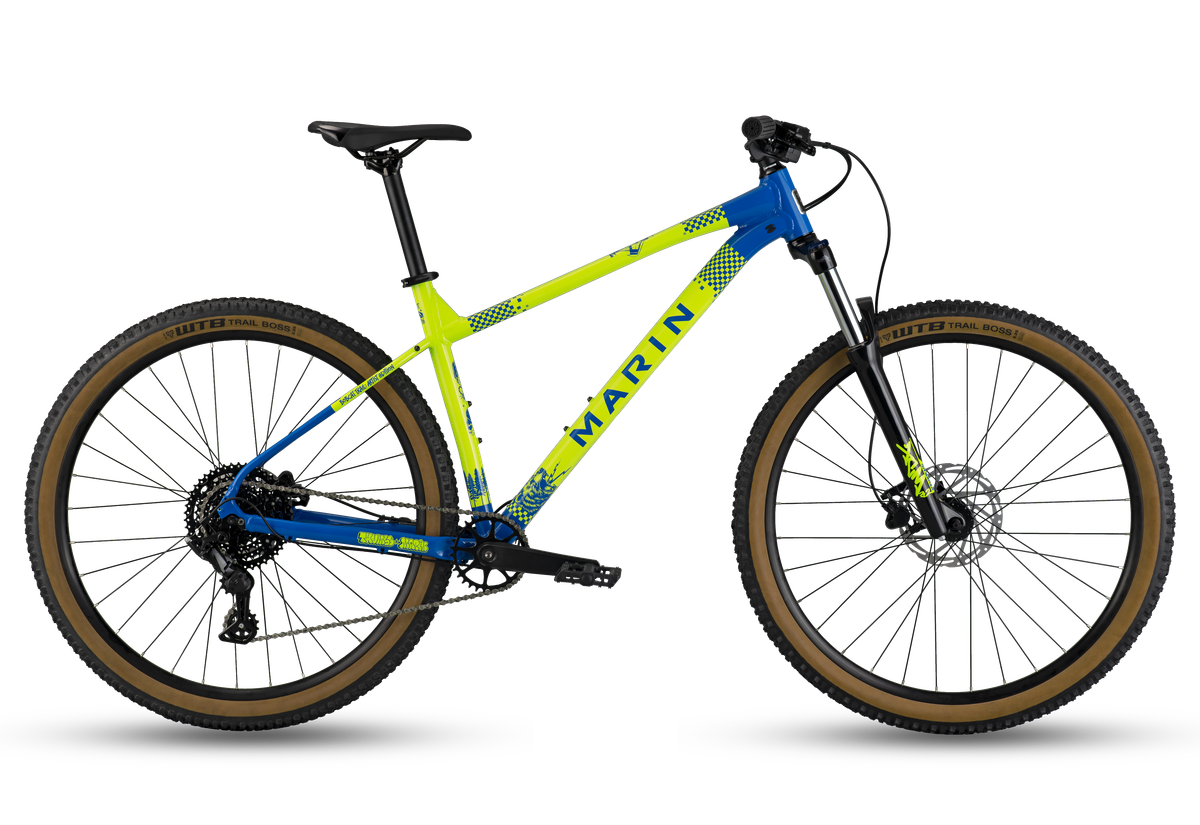 Marin Bobcat Trail 3 neon blue and yellow mountain bike, disc brakes, knobby tires