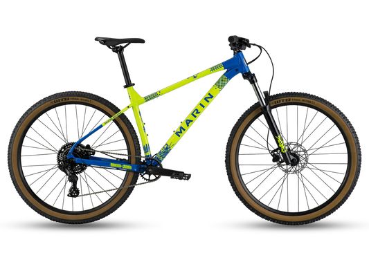 Marin Bobcat Trail 3 neon blue and yellow mountain bike, disc brakes, knobby tires