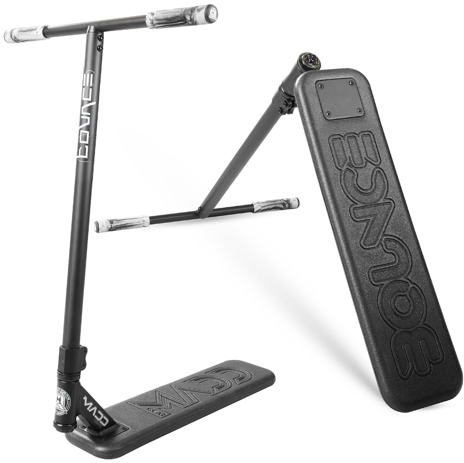 Black bounce trampoline scooter with foldable frame and padded grip handlebars