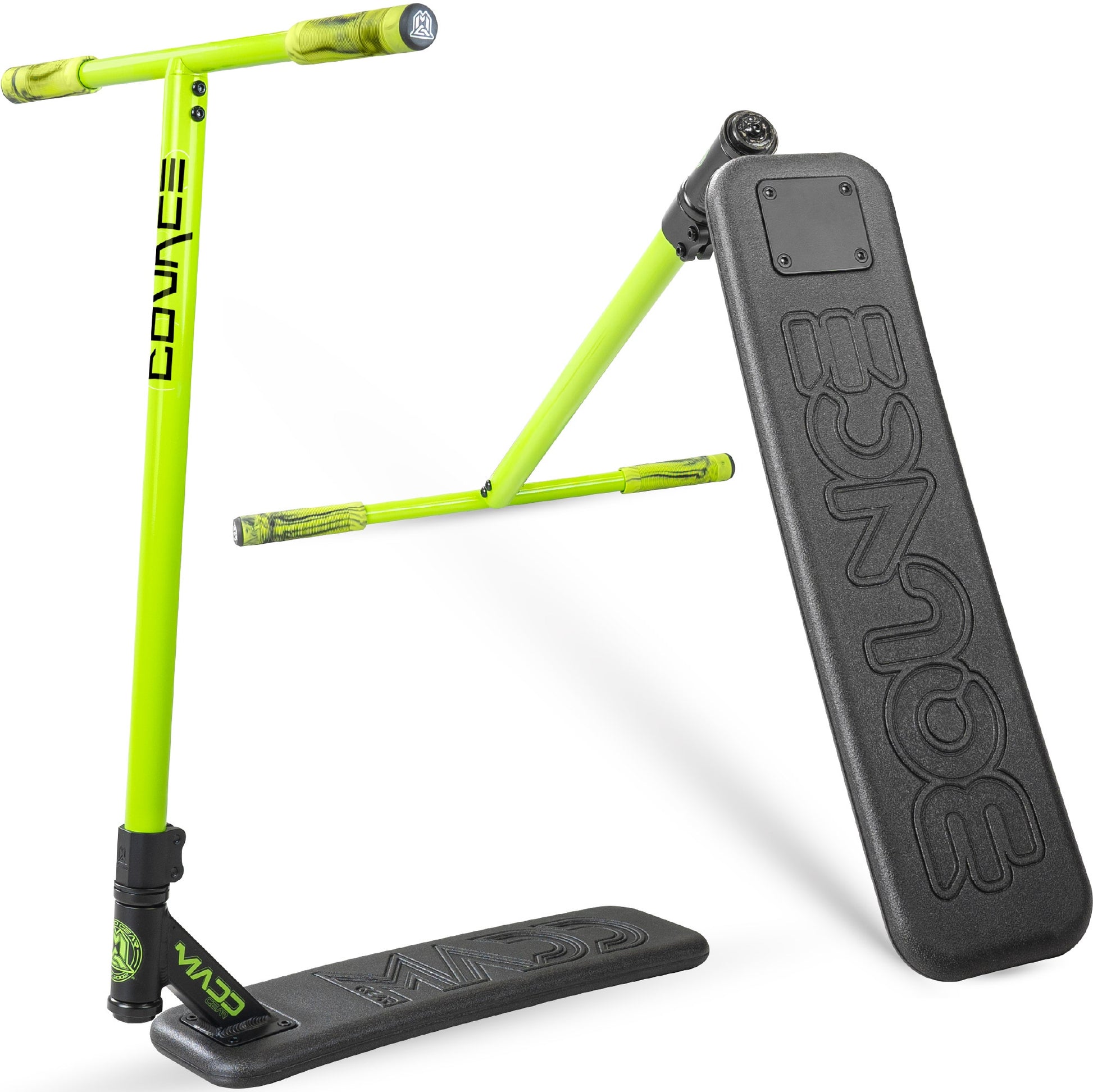 MADD GEAR bounce trampoline scooter with black deck and lime green frame
