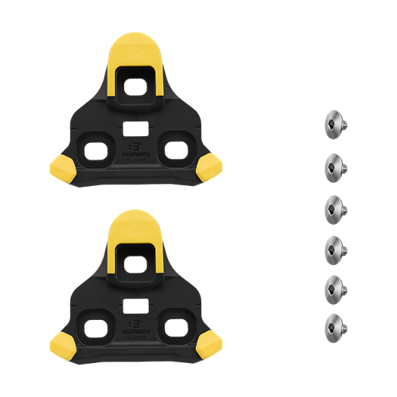 Yellow SPD-SLR cleat set with 6-degree float, includes mounting hardware
