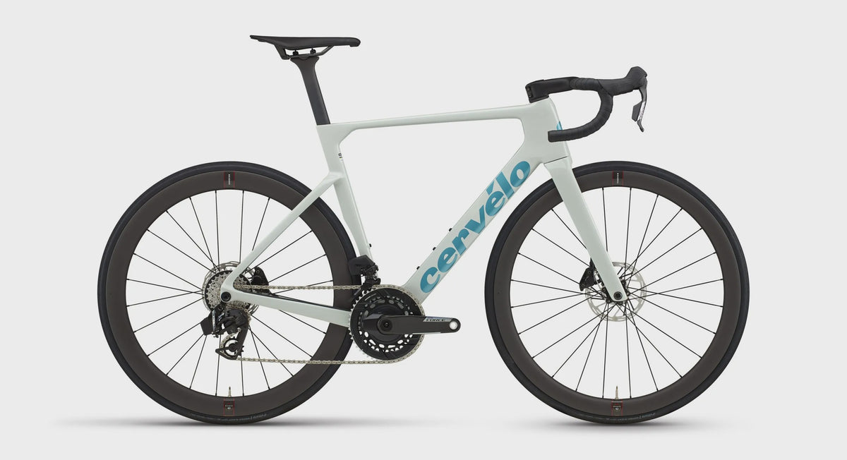 Cervelo Soloist road bike in light mint with drop handlebars and disc brakes