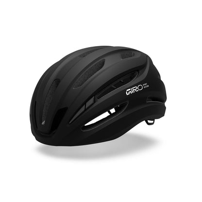 Matte black road bike helmet with dark vent panels and Giro logo on the side