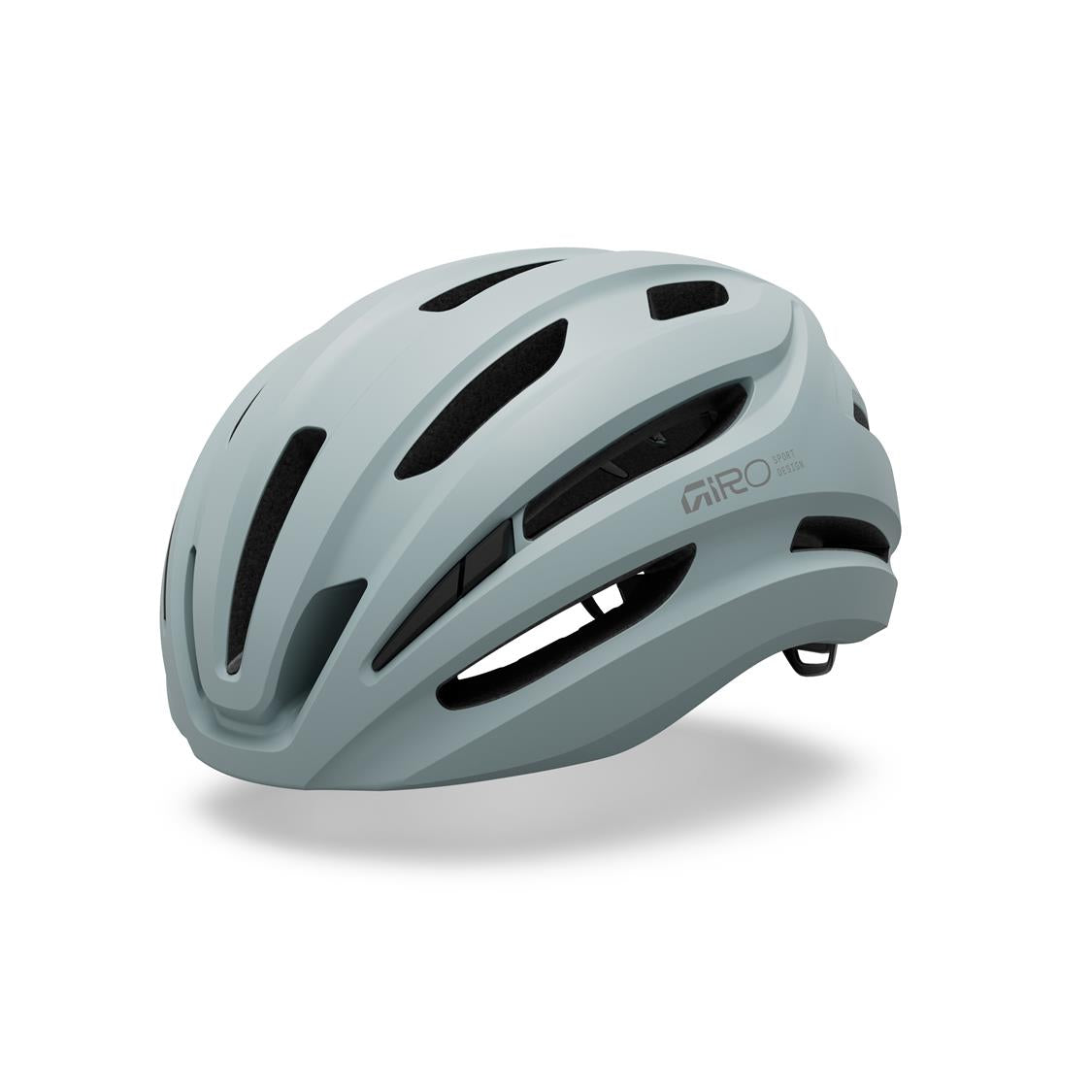 Light blue road bike helmet with black vent panels and Giro logo on the side