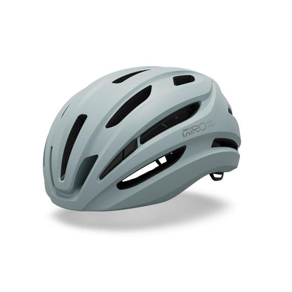 Light blue road bike helmet with black vent panels and Giro logo on the side