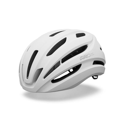White road bike helmet with black vent panels and Giro logo on the side
