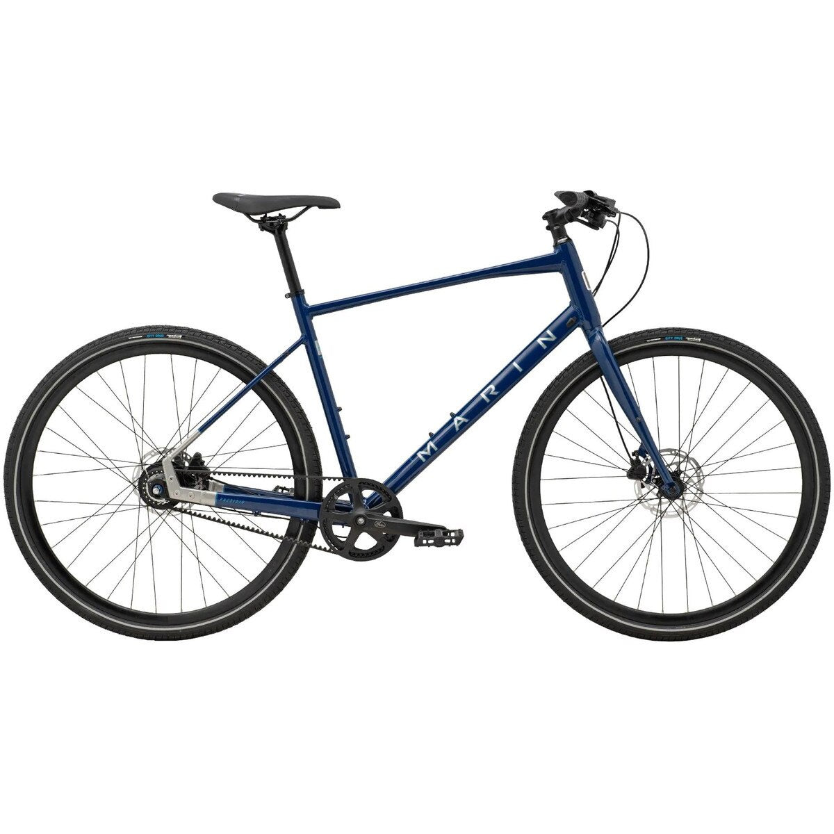 Marin Presidio 3 belt-drive commuter bike, blue frame, drop handlebars