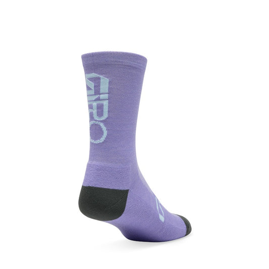 Purple crew merino wool winter sock with dark toe/heel and geometric logo detail