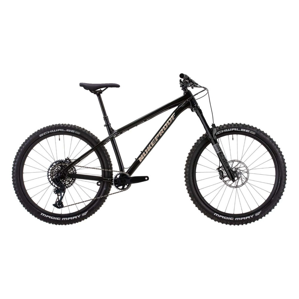 Black mountain bike with front suspension fork and disc brakes, medium frame