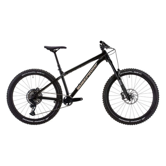 Black mountain bike with front suspension fork and disc brakes, medium frame