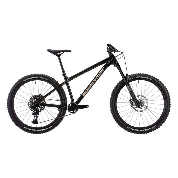 Black mountain bike with front suspension fork and disc brakes, medium frame