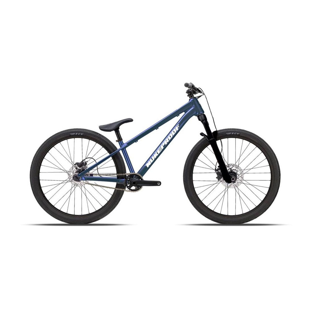Nukeproof Solum Comp blue BMX-style bicycle with black wheels and front disc brake