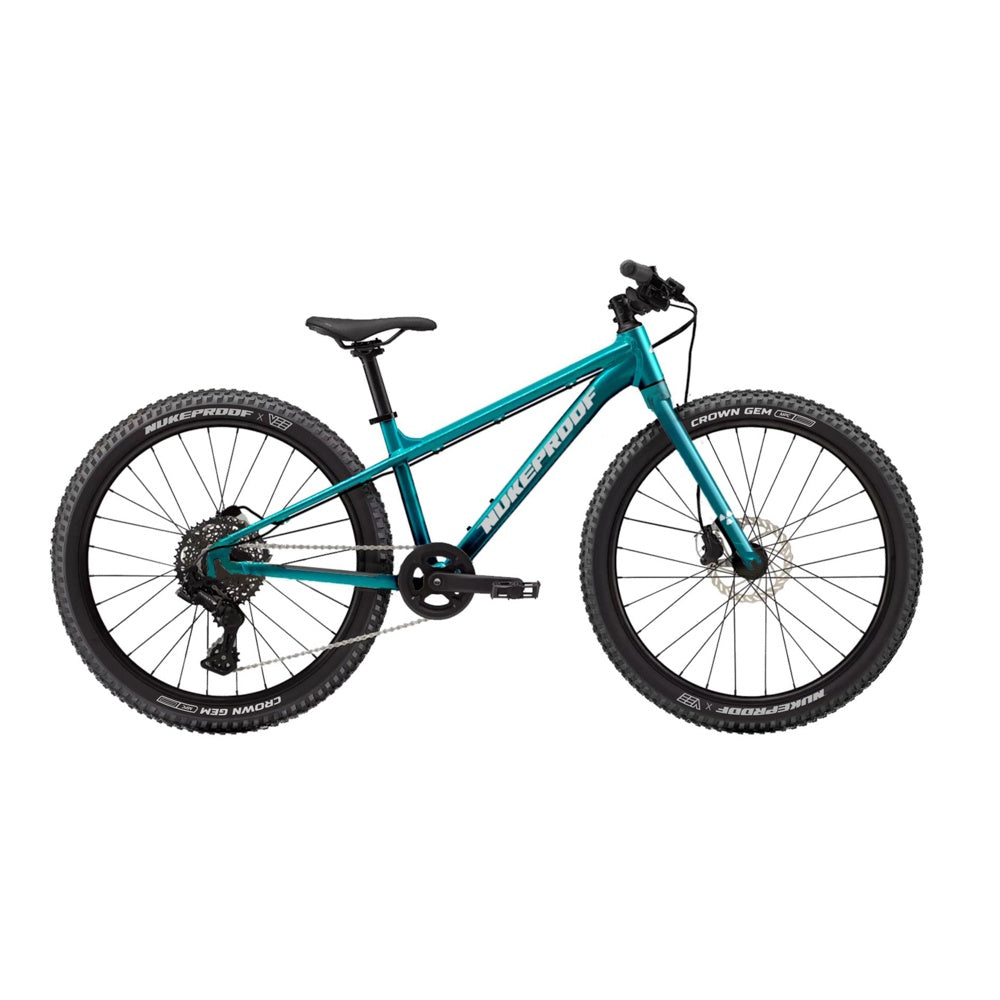 Nukeproof Tracker 24 mountain bike, teal frame with black tires and front suspension