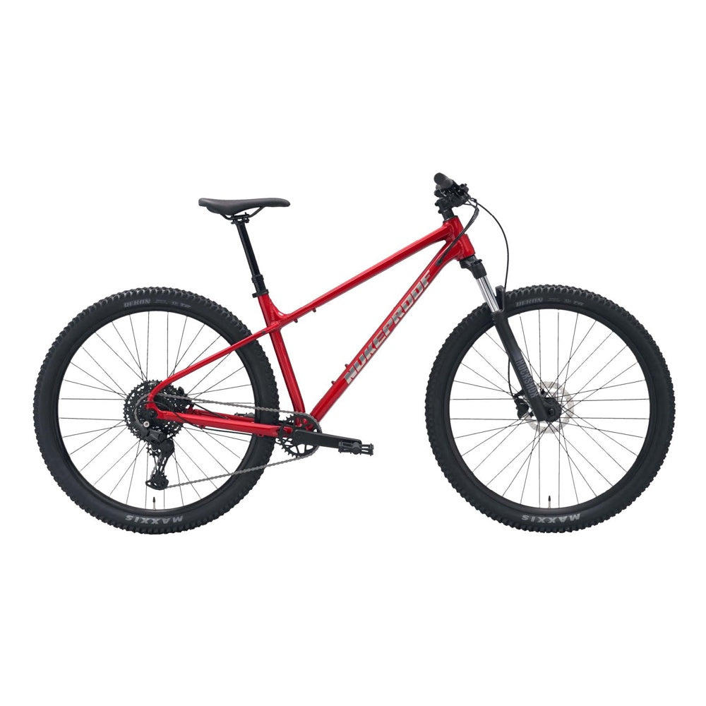 Red hardtail mountain bike with front suspension fork and disc brakes