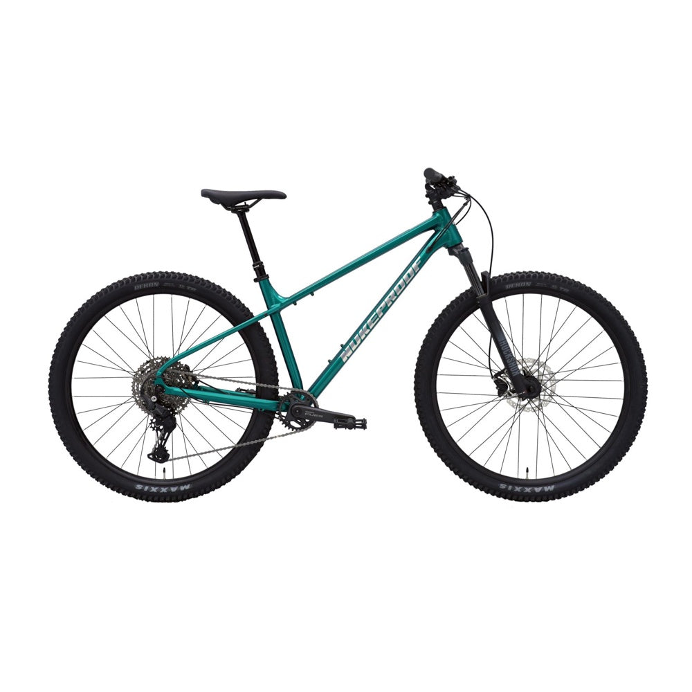 Petrol green mountain bike with front suspension fork, disc brakes, knobby tires