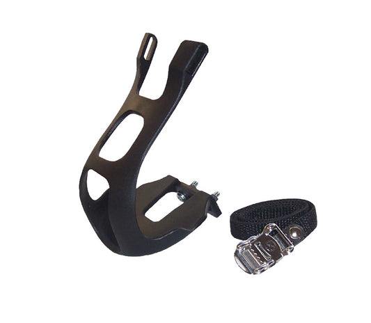 Black plastic MTB toe clip with adjustable strap and metal buckle