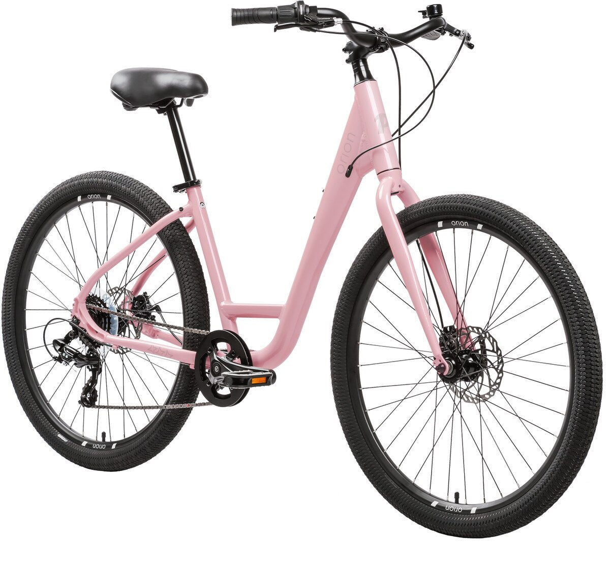 Pedal Orion 2 cruiser bike, gloss blush pink frame, front suspension fork