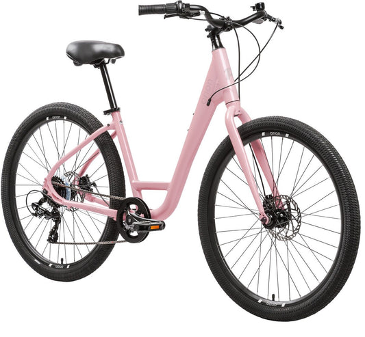 Pedal Orion 2 cruiser bike, gloss blush pink frame, front suspension fork