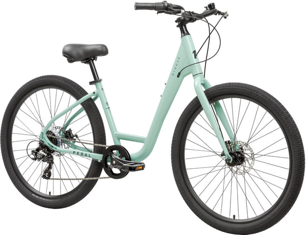 Sage-mint cruiser bicycle with front disc brake, black saddle and handlebars.