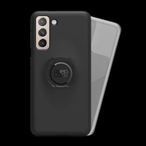 Black smartphone case with Quad Lock circular mount, camera cutouts, back view.