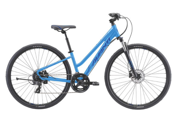AVANTI blue low-step bicycle with front disc brake and swept-back handlebars