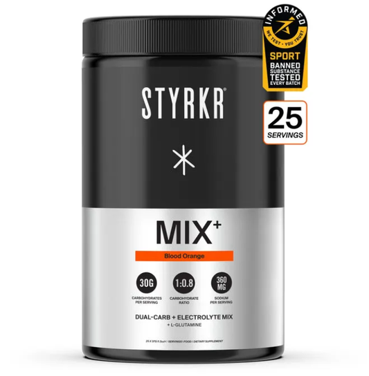 STYRK Mix+ dual-carb drink mix jar, Blood Orange flavor label, 25 servings