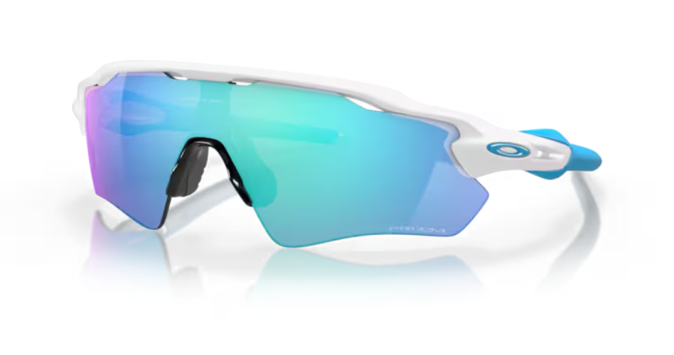 White Oakley sunglasses with blue mirrored lenses and side logo