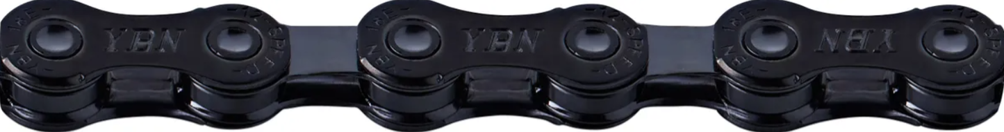 Black YBN 12-speed bicycle chain, close-up of chain links