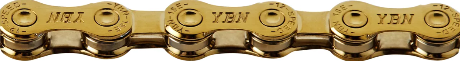 Gold bicycle chain with YBN branding and 12-speed style links