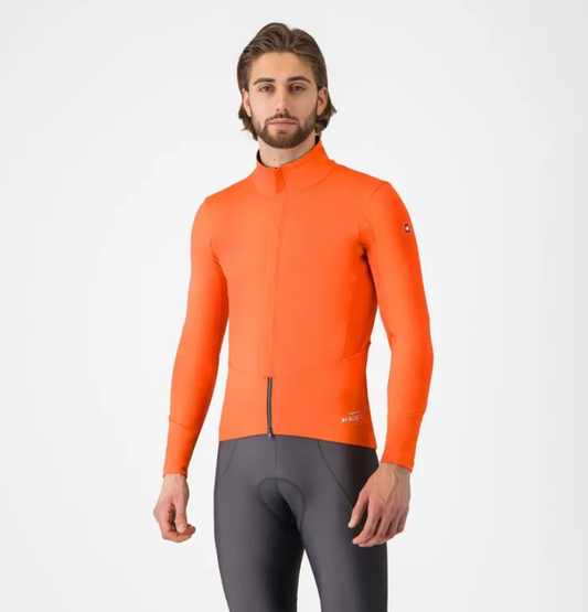 Castelli cycling jacket in bright orange with full zip and long sleeves