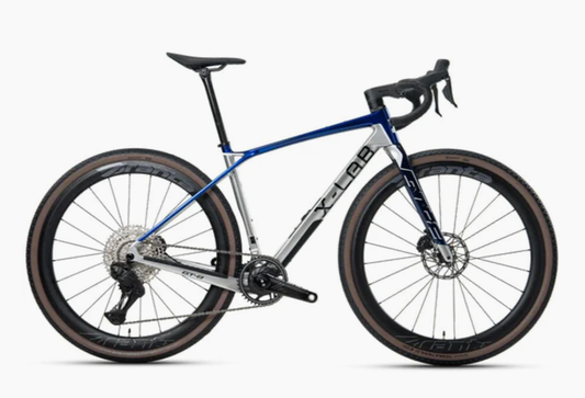Blue road bike with drop handlebars and disc brakes, black saddle and wheels