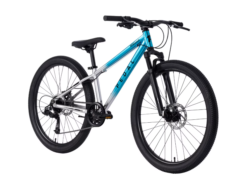 26-inch teal and silver fade MTB bicycle with black suspension fork and disc brakes