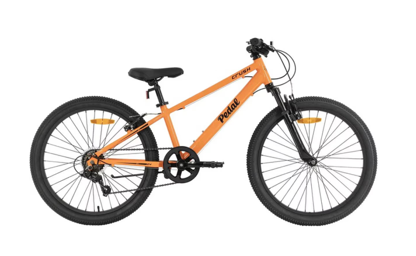 Orange 24-inch kids bicycle with black saddle, wheels, and front suspension fork