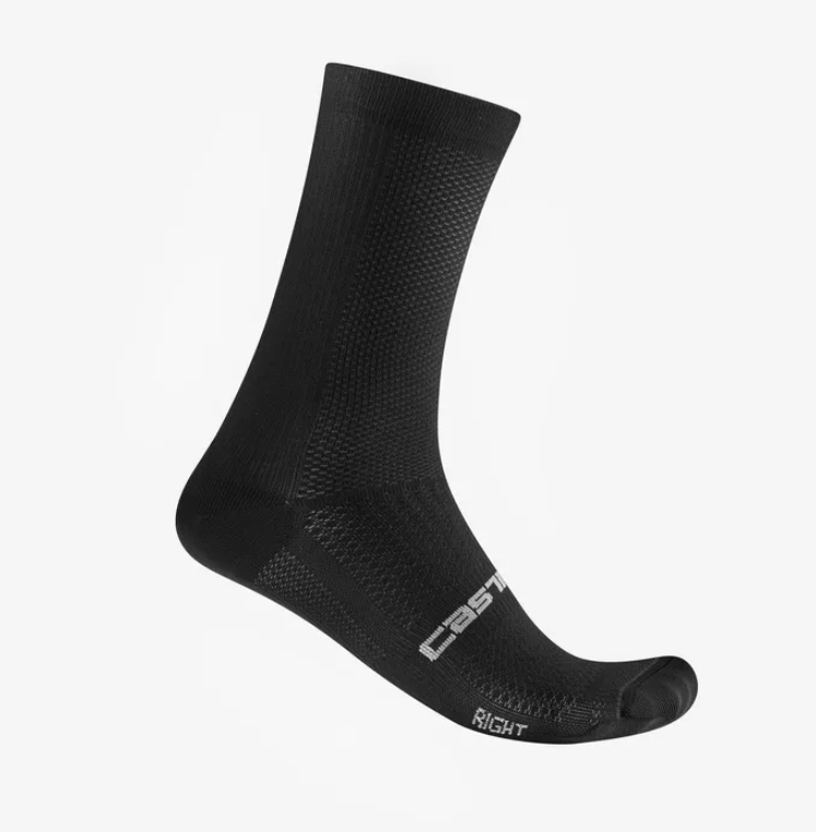 Castelli Espresso 18 black cycling sock with ribbed knit and branded cuff heel toe