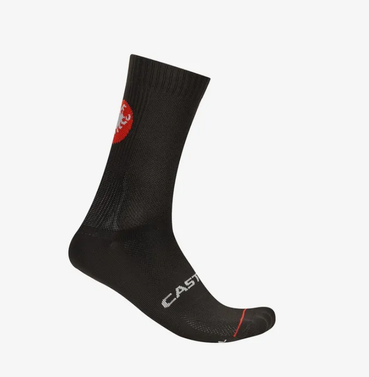 Castelli cycling sock in black with red logo graphic and red toe trim