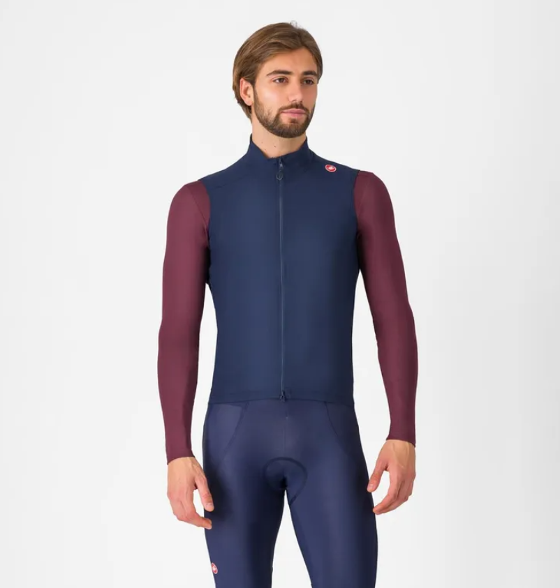 Men's sleeveless cycling vest in blue with full front zipper and high collar