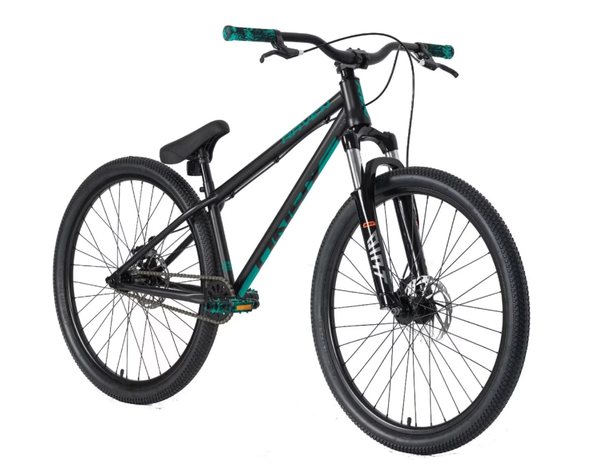 Black dirt jumper bike with 26-inch wheels, front suspension fork, disc brakes