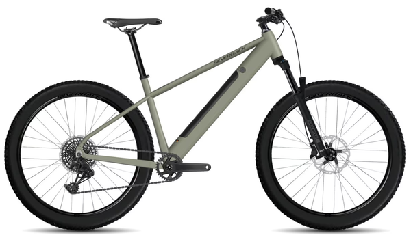 Light green electric mountain bike with black wheels, front suspension fork, disc brakes