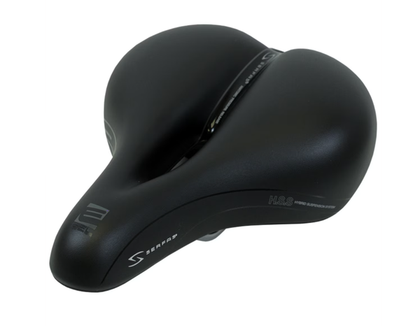 Black bicycle saddle with curved ergonomic shape