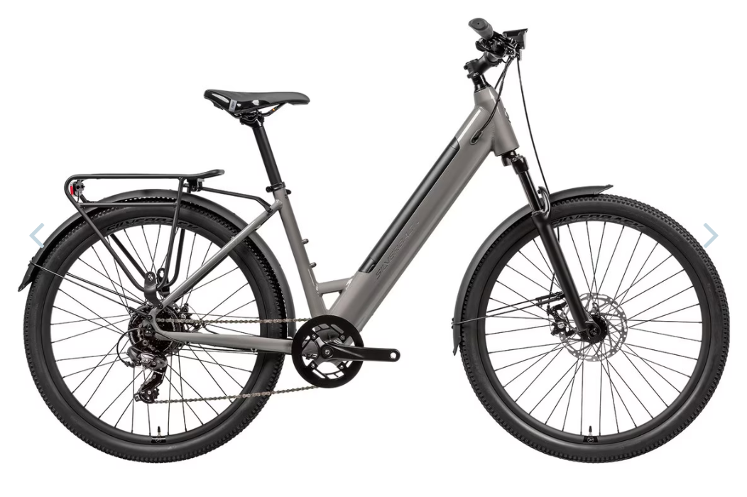 Metallic moondust step-through e-bike with black wheels and front suspension fork