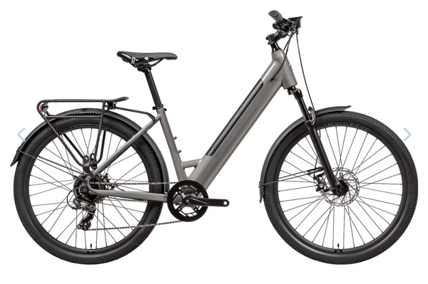 Metallic moondust step-through e-bike with black wheels and front suspension fork