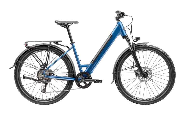 Deep passion blue step-through bicycle with front suspension fork and disc brakes
